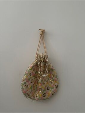 Embellished Floral Beaded Drawstring Pouch - Pink/Green Potli Bag